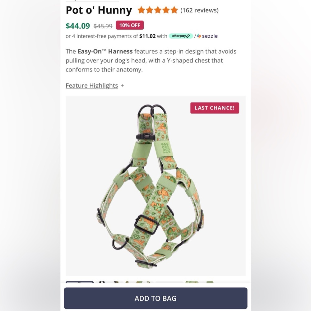 Pot o' Hunny Easy-On Step-In Dog Harness in Light Green